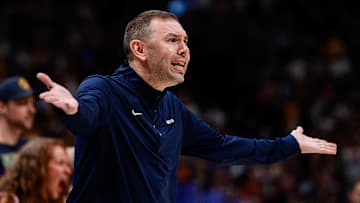 May 11, 2025; Denver, Colorado, USA; Denver Nuggets interim head coach David Adelman reacts to a call in the first quarter against the Oklahoma City Thunder during game four of the second round of the 2025 NBA Playoffs at Ball Arena. Mandatory Credit: Isaiah J. Downing-Imagn Images