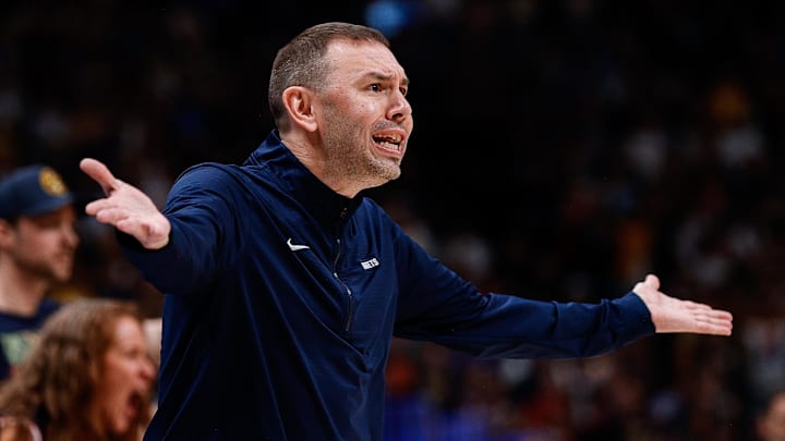 May 11, 2025; Denver, Colorado, USA; Denver Nuggets interim head coach David Adelman reacts to a call in the first quarter against the Oklahoma City Thunder during game four of the second round of the 2025 NBA Playoffs at Ball Arena. Mandatory Credit: Isaiah J. Downing-Imagn Images