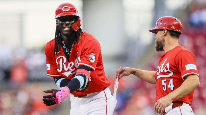 Jul 10, 2024; Cincinnati, Ohio, USA; Cincinnati Reds shortstop Elly De La Cruz (44) reacts after hitting a single in the sixth inning against the Colorado Rockies at Great American Ball Park. Mandatory Credit: Katie Stratman-USA TODAY Sports