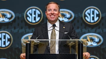 Jul 17, 2025; Atlanta, GA, USA; Missouri Tigers head coach Eliah Drinkwitz talks to the media during the SEC Media Days at Omni Atlanta Hotel. 