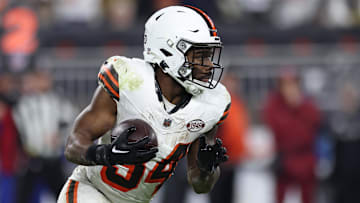 Dec 28, 2023; Cleveland, Ohio, USA; Cleveland Browns running back Jerome Ford (34) runs the ball during the second half against the New York Jets at Cleveland Browns Stadium. Mandatory Credit: Scott Galvin-Imagn Images