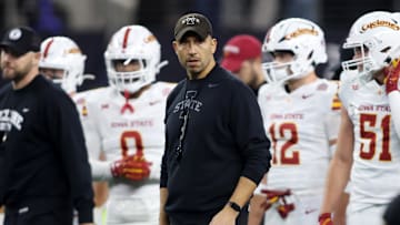 Dec 7, 2024; Arlington, TX, USA; Iowa State Cyclones head coach Matt Campbell stands on the field before the game against the Arizona State Sun Devils at AT&T Stadium. Mandatory Credit: Tim Heitman-Imagn Images
