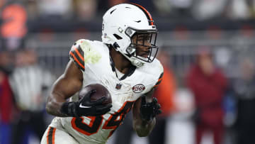 Dec 28, 2023; Cleveland, Ohio, USA; Cleveland Browns running back Jerome Ford (34) runs the ball during the second half against the New York Jets at Cleveland Browns Stadium. Mandatory Credit: Scott Galvin-USA TODAY Sports