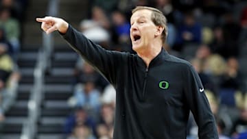 Mar 21, 2024; Pittsburgh, PA, USA; Oregon Ducks head coach Dana Altman calls out to his team during the second half of the game against the South Carolina Gamecocks in the first round of the 2024 NCAA Tournament at PPG Paints Arena. Mandatory Credit: Charles LeClaire-Imagn Images