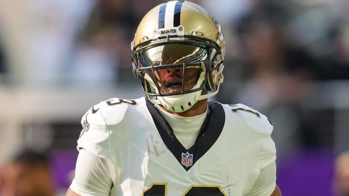 Nov 12, 2023; Minneapolis, Minnesota, USA; New Orleans Saints wide receiver Michael Thomas (13) warms up before the game against the Minnesota Vikings at U.S. Bank Stadium.