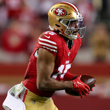 Dec 30, 2024; Santa Clara, California, USA; San Francisco 49ers wide receiver Jauan Jennings (15) during the game against the Detroit Lions at Levi's Stadium. Mandatory Credit: Sergio Estrada-Imagn Images