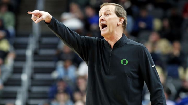 Mar 21, 2024; Pittsburgh, PA, USA; Oregon Ducks head coach Dana Altman calls out to his team during the second half of the game against the South Carolina Gamecocks in the first round of the 2024 NCAA Tournament at PPG Paints Arena. Mandatory Credit: Charles LeClaire-USA TODAY Sports