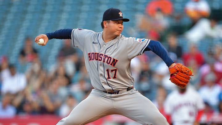 Jun 9, 2026; Anaheim, California, USA; Houston Astros pitcher Kai-Wei Teng (17) throws against the Los Angeles Angels during the first inning at Angel Stadium. Mandatory Credit: Gary A. Vasquez-Imagn Images