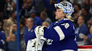 Nov 7, 2024; Tampa, Florida, USA; Tampa Bay Lightning goaltender Andrei Vasilevskiy (88) looks on against the Philadelphia Flyers during the second period at Amalie Arena. Mandatory Credit: Kim Klement Neitzel-Imagn Images