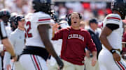 South Carolina coach Shane Beamer shouts during a college football game between the University of Oklahoma Sooners (OU) and the South Carolina Gamecocks at Gaylord Family - Oklahoma Memorial Stadium in Norman, Okla., Saturday, Oct. 19, 2024.