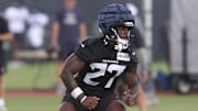 Jul 23, 2025; Houston, TX, USA;  Houston Texans running back Woody Marks (27) during training camp at Houston Methodist Training Center. Mandatory Credit: Troy Taormina-Imagn Images