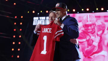 San Francisco 49ers quarterback Trey Lance (R) with NFL commissioner Roger Goodell (L)