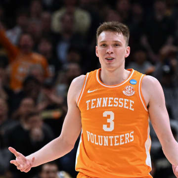 Mar 31, 2024; Detroit, MI, USA; Tennessee Volunteers guard Dalton Knecht (3) reacts in the first half against the Purdue Boilermakers during the NCAA Tournament Midwest Regional Championship at Little Caesars Arena. Mandatory Credit: Lon Horwedel-USA TODAY Sports