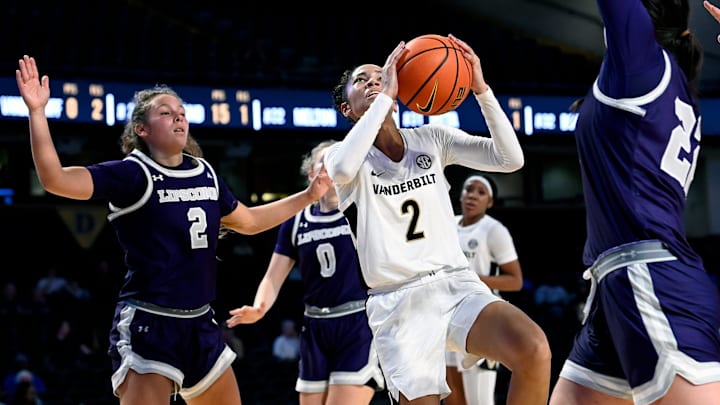 Vanderbilt guard Jada Brown (2) takes the ball to the basket past Vanderbilt guard Jada Brown (2) during an NCAA college basketball game Monday, Nov. 4, 2024, in Nashville, Tenn. Vanderbilt guard Jada Brown (2) takes the ball to the basket past Vanderbilt guard Jada Brown (2) during an NCAA college basketball game Monday, Nov. 4, 2024, in Nashville, Tenn.