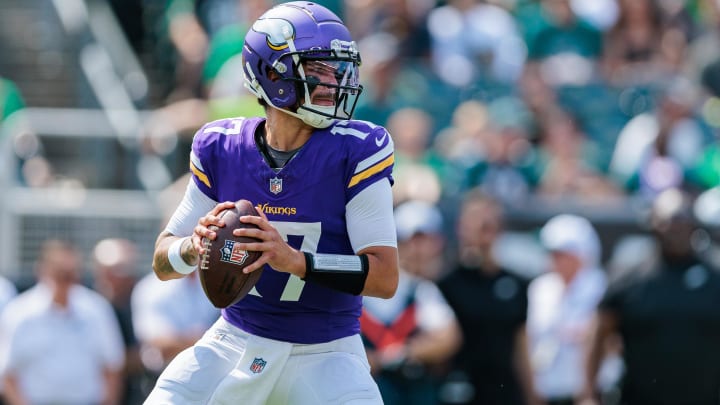 Aug 24, 2024; Philadelphia, Pennsylvania, USA; Minnesota Vikings quarterback Matt Corral (17) drops back against the Philadelphia Eagles during the fourth quarter at Lincoln Financial Field. Mandatory Credit: Caean Couto-USA TODAY Sports