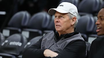 Jan 12, 2024; Salt Lake City, Utah, USA; Utah Jazz CEO Danny Ainge looks on before the game between the Utah Jazz and the Toronto Raptors at Delta Center. Mandatory Credit: Rob Gray-Imagn Images