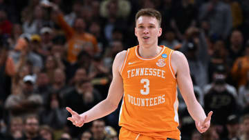 Mar 31, 2024; Detroit, MI, USA; Tennessee Volunteers guard Dalton Knecht (3) reacts in the first