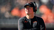 Oregon State Beavers head coach Trent Bray looks toward the score board as the Ducks lead in the second half of the annual rivalry game on Saturday, Sept. 14, 2024 at Reser Stadium in Corvallis, Ore.