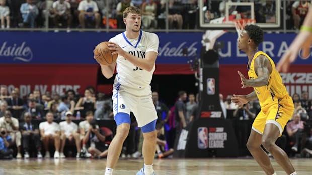 Jul 10, 2025; Las Vegas, NV, USA; Dallas Mavericks forward Cooper Flagg (32) looks to pass the ball against the Los Angeles L