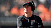 Oregon State Beavers head coach Trent Bray looks toward the score board as the Ducks lead in the second half of the annual rivalry game on Saturday, Sept. 14, 2024 at Reser Stadium in Corvallis, Ore.