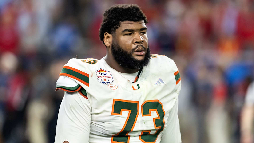 Jan 8, 2026; Glendale, AZ, USA; Miami Hurricanes offensive lineman Anez Cooper (73) against the Mississippi Rebels during the 2026 Fiesta Bowl and semifinal game of the College Football Playoff at State Farm Stadium. Jan 8, 2026; Glendale, AZ, USA; Miami Hurricanes offensive lineman Anez Cooper (73) against the Mississippi Rebels during the 2026 Fiesta Bowl and semifinal game of the College Football Playoff at State Farm Stadium.