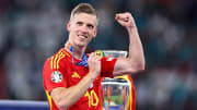 Dani Olmo celebrates after winning Euro 2024 with Spain