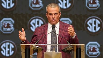 Jul 14, 2025; Atlanta, GA, USA; South Carolina Gamecocks head coach Shane Beamer talks to the media during SEC Media Day at Omni Atlanta Hotel. Mandatory Credit: Jordan Godfree-Imagn Images