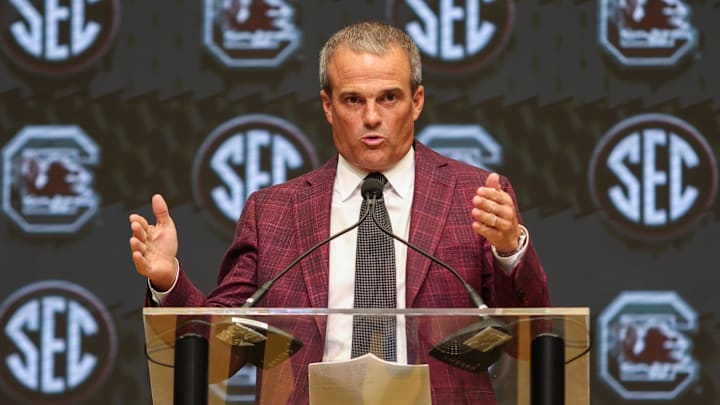 Jul 14, 2025; Atlanta, GA, USA; South Carolina Gamecocks head coach Shane Beamer talks to the media during SEC Media Day at Omni Atlanta Hotel. Mandatory Credit: Jordan Godfree-Imagn Images