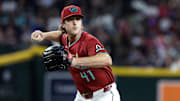 Sep 7, 2025; Phoenix, Arizona, USA; Arizona Diamondbacks pitcher Jake Woodford against the Boston Red Sox at Chase Field. Mandatory Credit: Mark J. Rebilas-Imagn Images