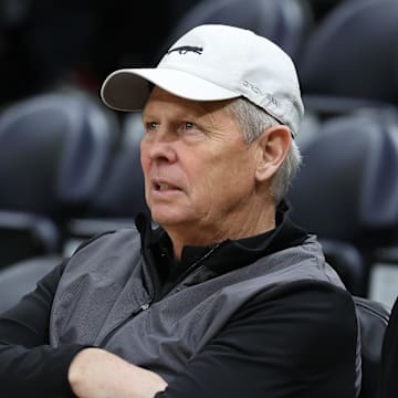Jan 12, 2024; Salt Lake City, Utah, USA; Utah Jazz CEO Danny Ainge looks on before the game between the Utah Jazz and the Toronto Raptors at Delta Center. Mandatory Credit: Rob Gray-Imagn Images