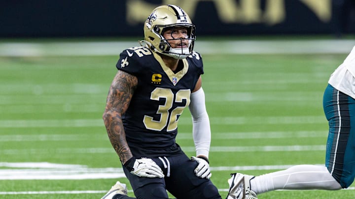 Sep 22, 2024; New Orleans, Louisiana, USA; New Orleans Saints safety Tyrann Mathieu (32) reacts to making a tackle  against the Philadelphia Eagles during the first half at Caesars Superdome. Mandatory Credit: Stephen Lew-Imagn Images