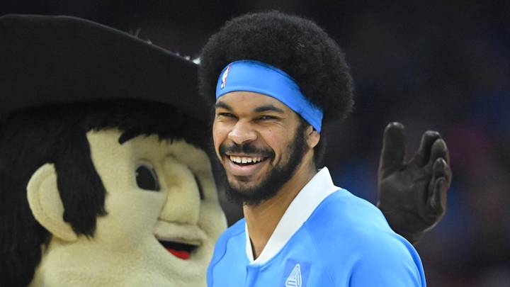Dec 23, 2024; Cleveland, Ohio, USA; Cleveland Cavaliers center Jarrett Allen (31) and mascot Sir CC react before a game against the Utah Jazz at Rocket Mortgage FieldHouse. Mandatory Credit: David Richard-Imagn Images