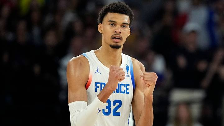 Aug 8, 2024; Paris, France; France power forward Victor Wembanyama (32) reacts during the first half against Germany in a men's basketball semifinal game during the Paris 2024 Olympic Summer Games at Accor Arena. Mandatory Credit: Kyle Terada-USA TODAY Sports