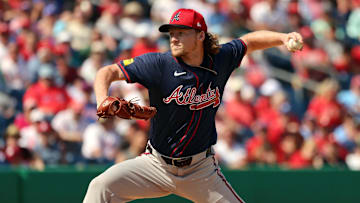 Feb 28, 2024; Clearwater, Florida, USA; Atlanta Braves pitcher Hayden Harris (90) throws a pitch during the fourth inning against the Philadelphia Phillies  at BayCare Ballpark. Mandatory Credit: Kim Klement Neitzel-Imagn Images