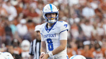 Nov 23, 2024; Austin, Texas, USA; Kentucky Wildcats quarterback Cutter Boley during the second half against the Texas Longhorns Darrell K Royal-Texas Memorial Stadium. Mandatory Credit: Scott Wachter-Imagn Images
