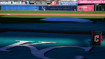 Sep 3, 2024; Kansas City, Missouri, USA; A general view of a Cleveland Guardians ball bag against the Kansas City Royals during warm ups at Kauffman Stadium. Mandatory Credit: Denny Medley-Imagn Images