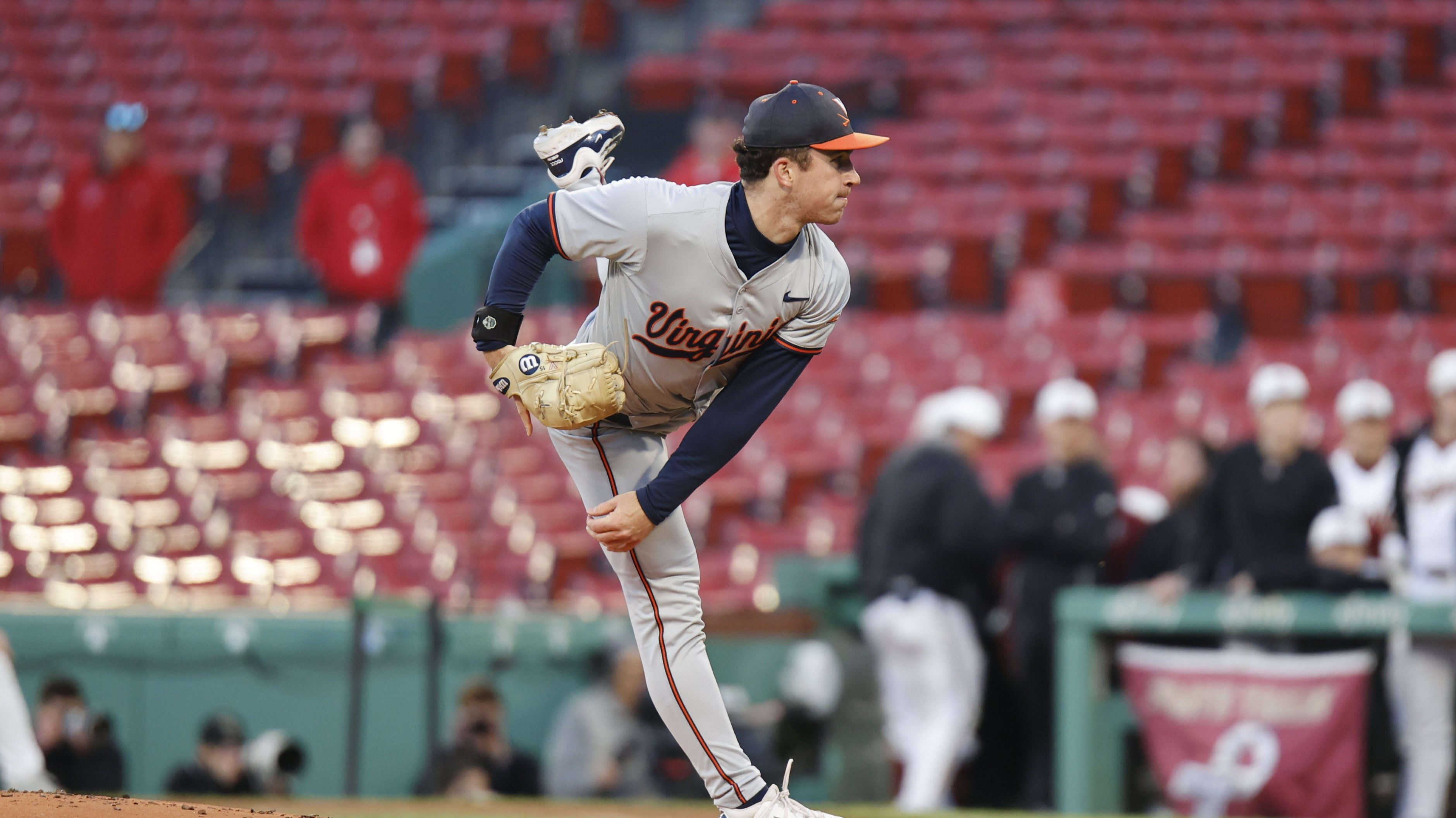 Evan Blanco delivers a pitch during the Virginia baseball game against Boston College at Fenway Park.