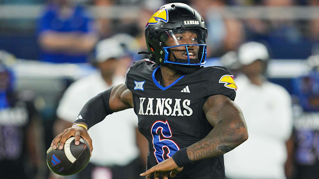 Sep 13, 2024; Kansas City, Kansas, USA; Kansas Jayhawks quarterback Jalon Daniels (6) throws a pass during the second half against the UNLV Rebels at Children's Mercy Park. Mandatory Credit: Jay Biggerstaff-Imagn Images