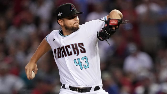 Oct 21, 2023; Phoenix, Arizona, USA; Arizona Diamondbacks starting pitcher Slade Cecconi (43) throws in Game 5 of the National League Championship Series.