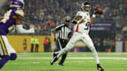 Michael Penix Jr. (9) unleashed a pass for Atlanta in a Sunday night NFL game against the Minnesota Vikings.