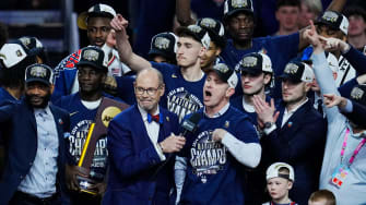 Connecticut Huskies head coach Dan Hurley is interviewed after defeating the Purdue Boilermakers in the national championship game of the Final Four of the 2024 NCAA Tournament at State Farm Stadium in Glendale on April 8, 2024.