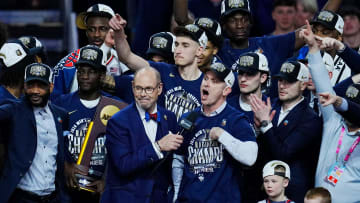 Connecticut Huskies head coach Dan Hurley is interviewed after defeating the Purdue Boilermakers in the national championship game of the Final Four of the 2024 NCAA Tournament at State Farm Stadium in Glendale on April 8, 2024.