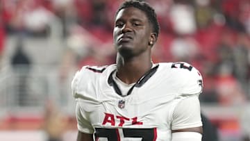 Oct 19, 2025; Santa Clara, California, USA; Atlanta Falcons defensive end James Pearce Jr. (27) during halftime against the San Francisco 49ers at Levi's Stadium.