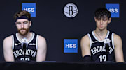 Sep 23, 2025; Brooklyn, NY, USA;  Brooklyn Nets forwards Drew Timme (26) and Zeng Fanbo (12) speak at Media Day. Mandatory Credit: Wendell Cruz-Imagn Images