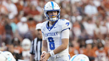 Nov 23, 2024; Austin, Texas, USA; Kentucky Wildcats quarterback Cutter Boley during the second half against the Texas Longhorns Darrell K Royal-Texas Memorial Stadium. Mandatory Credit: Scott Wachter-Imagn Images