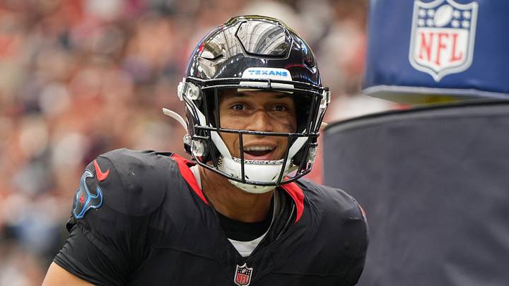 Oct 26, 2025; Houston, Texas, USA; Houston Texans wide receiver Jayden Higgins (81) reacts after catching a pass for a touchdown during the second quarter against the San Francisco 49ers at NRG Stadium. Mandatory Credit: Sean Thomas-Imagn Images