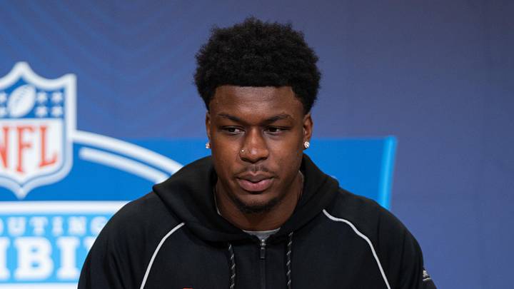 Cincinnati wideout Jeff Caldwell speaks to members of the media during the 2026 NFL Combine