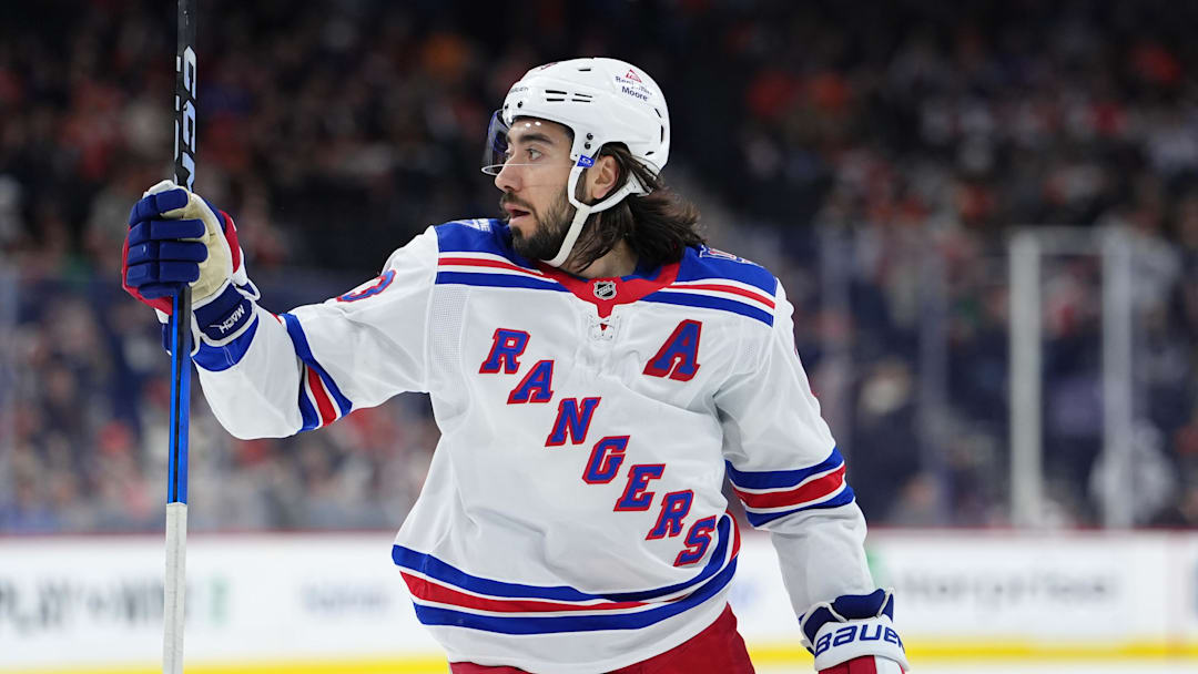 Jan 17, 2026; Philadelphia, Pennsylvania, USA; New York Rangers center Mika Zibanejad (93) reacts after scoring a goal against the Philadelphia Flyers in the first period at Xfinity Mobile Arena. Mandatory Credit: Kyle Ross-Imagn Images