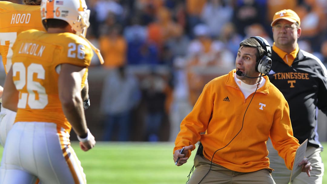 Tennessee head coach Derek Dooley talks to kicker Daniel Lincoln as he comes off the field during the first half Saturday, Nov. 27, 2010 in Neyland Stadium in Knoxville.Derek Dooley 2010