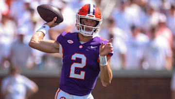 Sep 13, 2025; Atlanta, Georgia, USA; Clemson Tigers quarterback Cade Klubnik (2) throws a pass against the Georgia Tech Yellow Jackets in the first quarter at Bobby Dodd Stadium at Hyundai Field. Mandatory Credit: Brett Davis-Imagn Images
